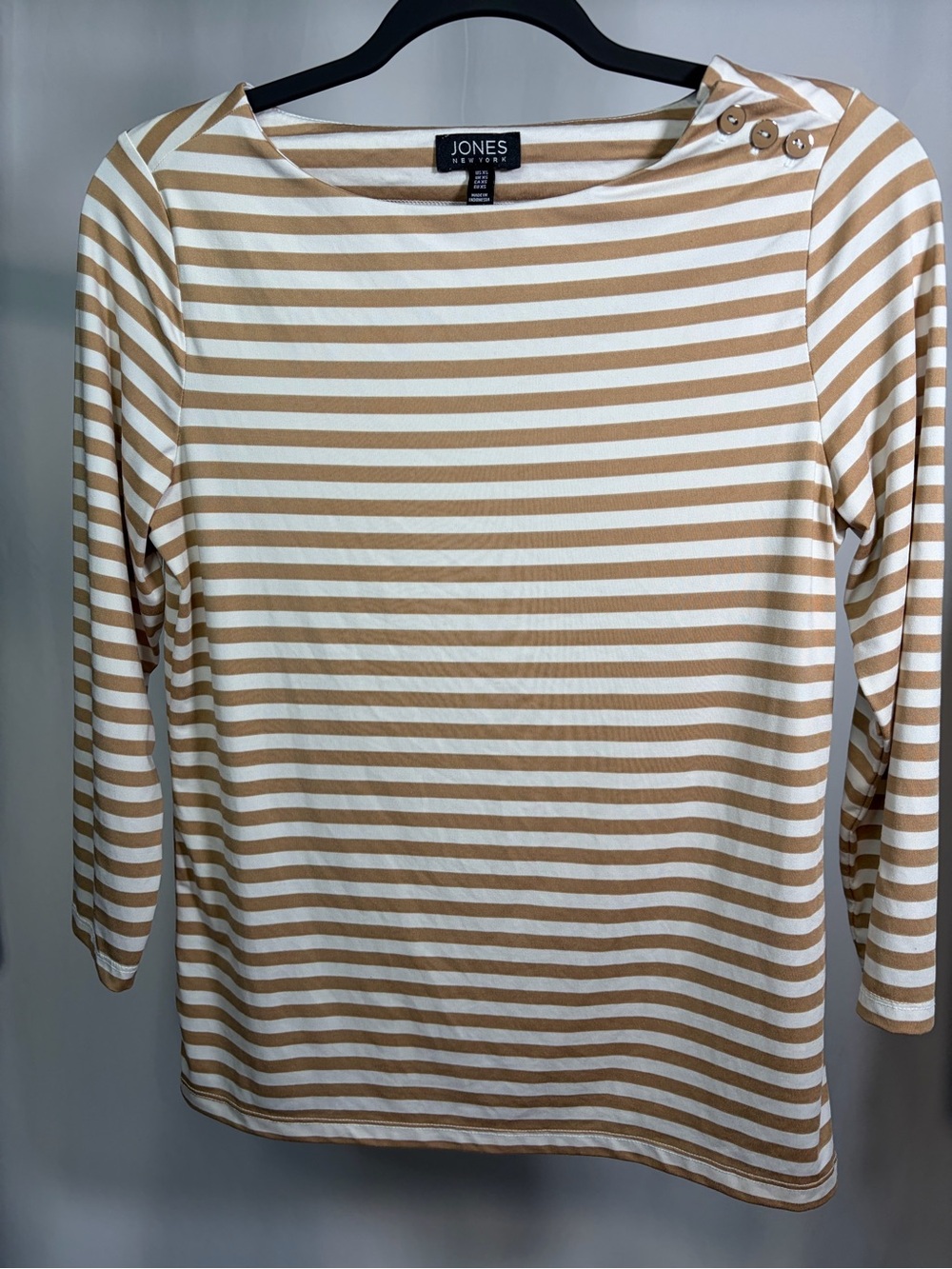 Jones New York Striped Boat Neck Top XS | Camel Ivory | Shoulder Buttons